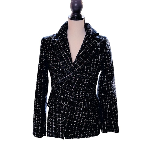 House of Harlow 1960 Metallic Tweed Double Breasted Blazer Plaid Navy | Sze S - Picture 1 of 11